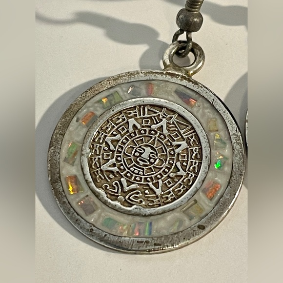 Vintage Sterling Silver & Opal Inlay Aztec Sun Calendar Earrings Made in Mexico - Picture 4 of 11